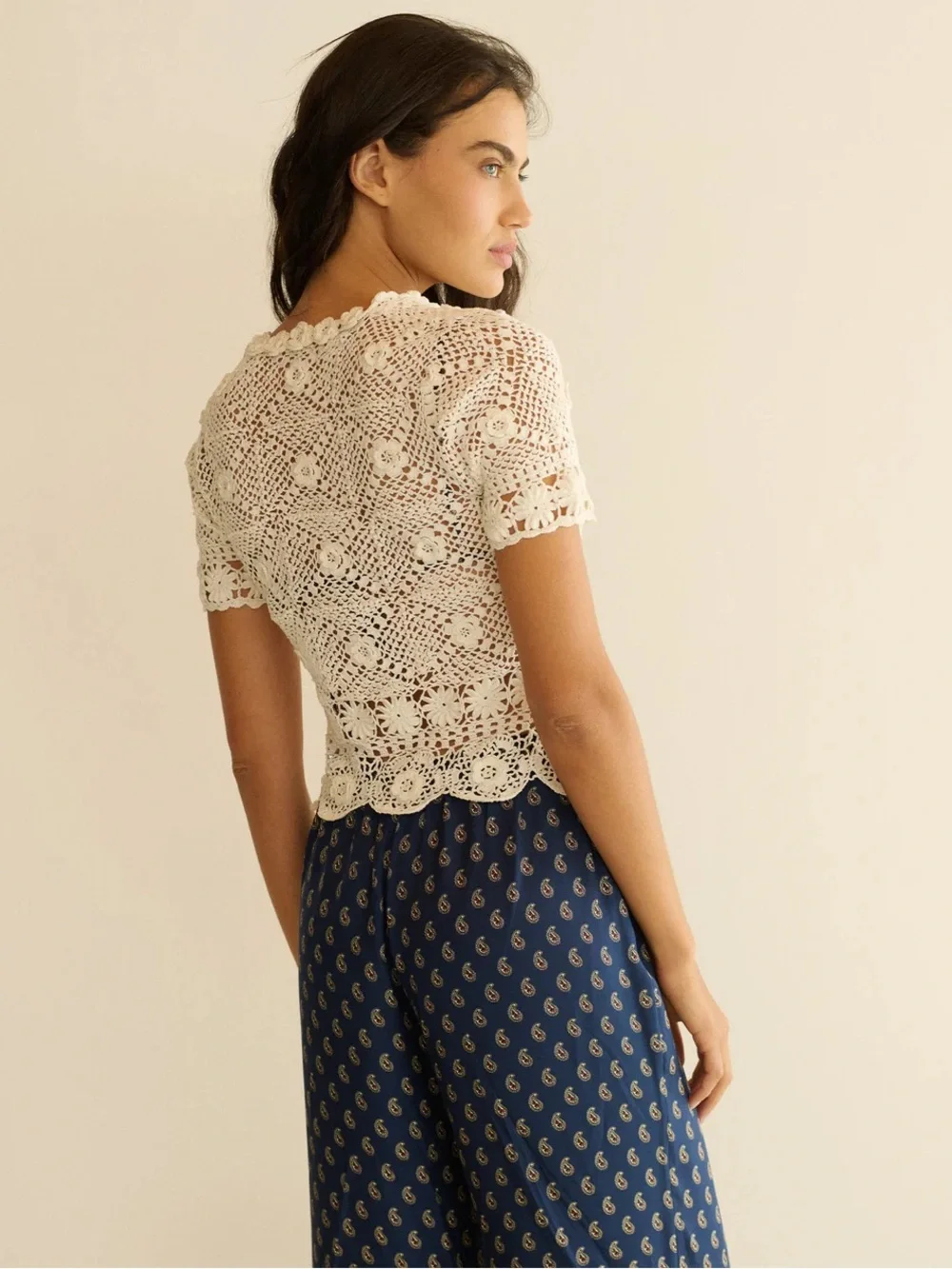 Doen Chrysanthe Cotton Crochet Lace Embroidered Short Sleeve Top Pearl Cream - Picture 6 of 15